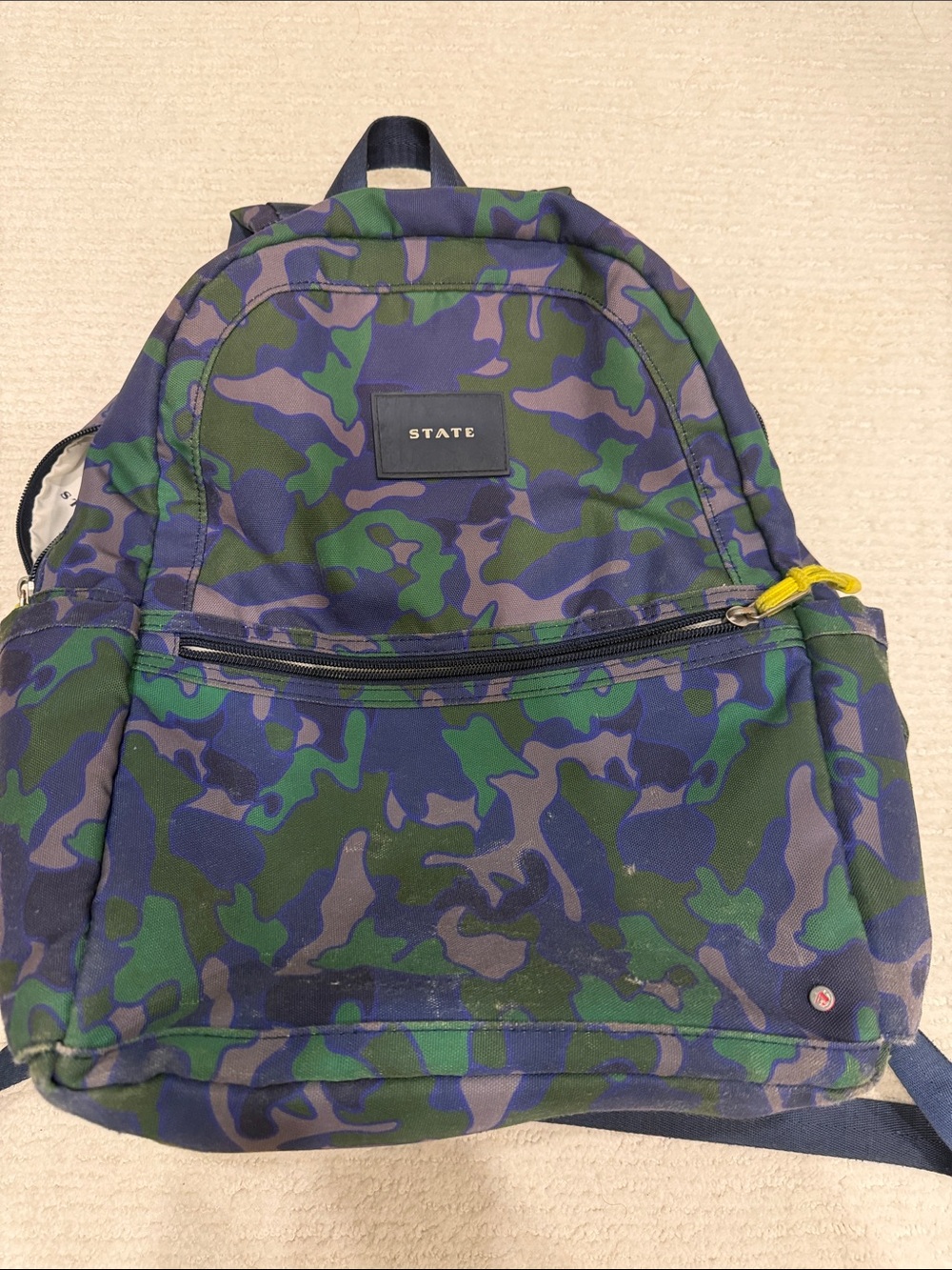 STATE Kane Kids Backpack in Blue and Green Camo with Yellow Accents